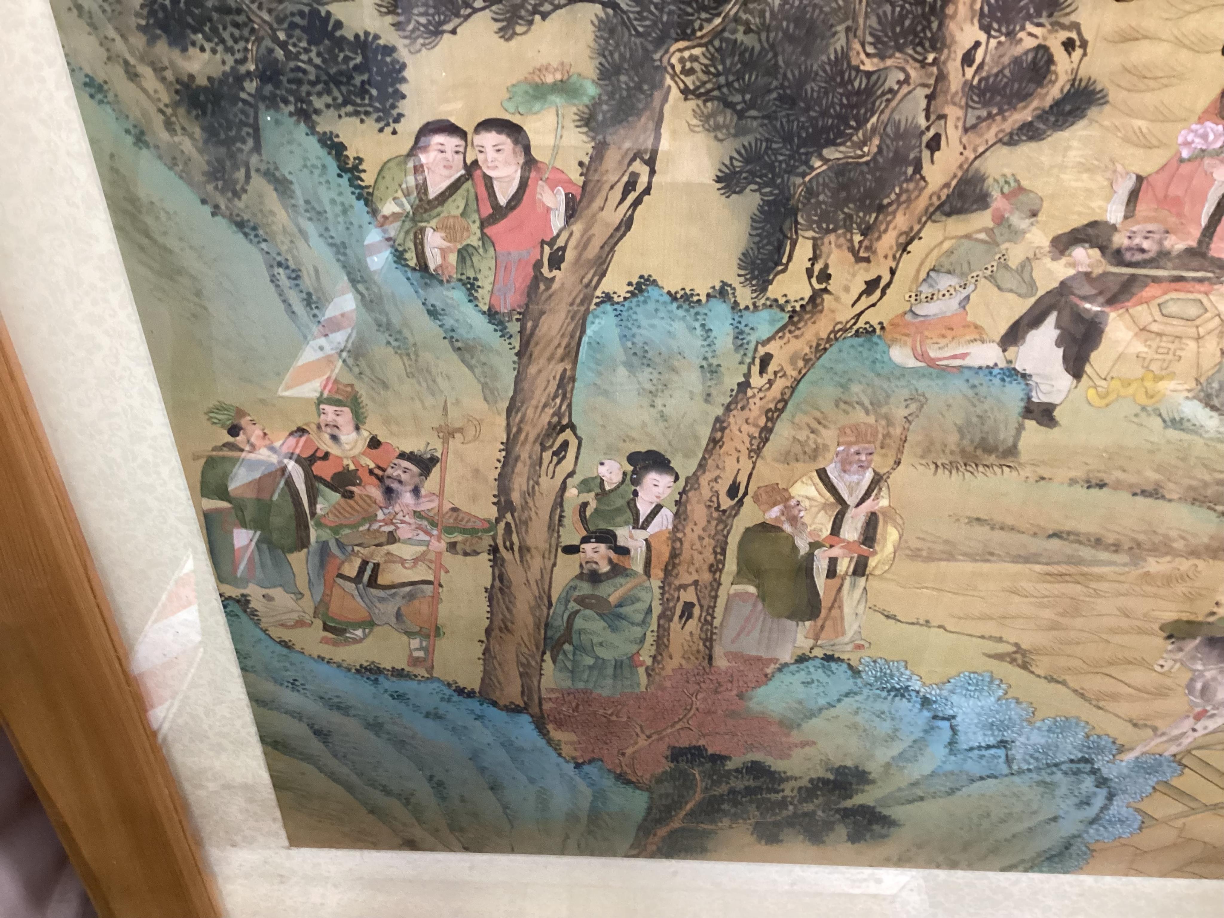 20th century Chinese School, watercolour in the Ming style, Immortals, 127 x 64cm. Condition - fair